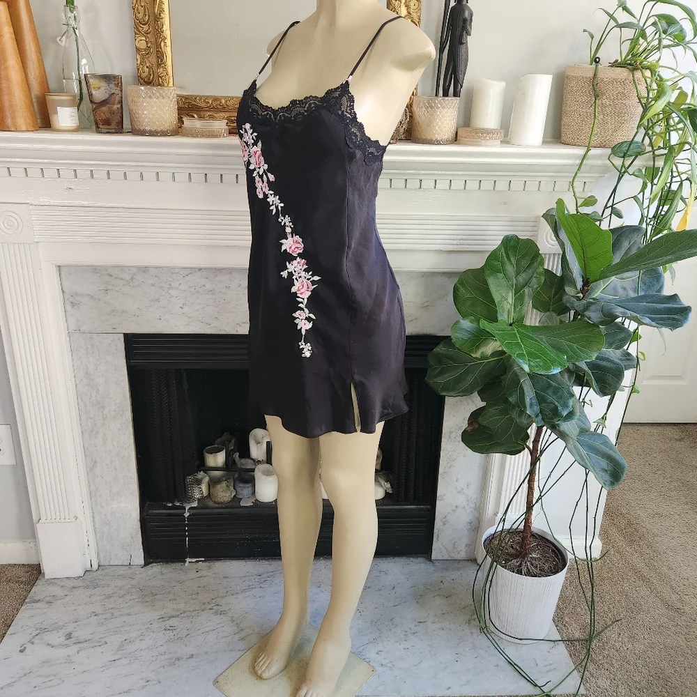 Vintage 90s Black Floral Chemise Slip Dress Sz M Pink Embroidered Mini Lace Y2K